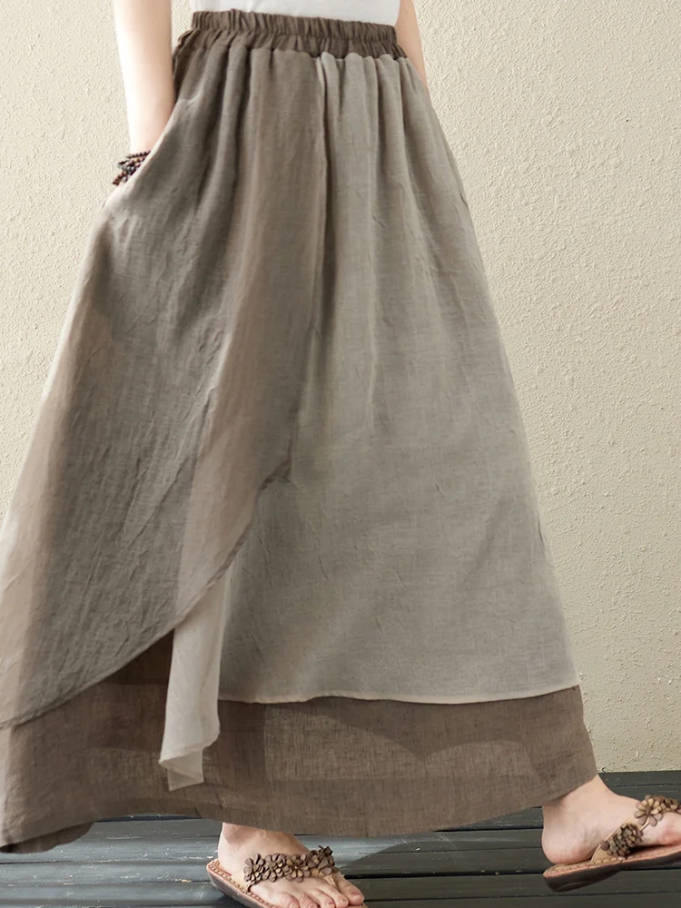 تنورة ماكسي من الكتان بطبقات مزدوجة تنورة يابانية غير متناظرة من القطن والكتان f تنورة للجسم بخصر عالٍ على شكل حرف a جرس Sve #3