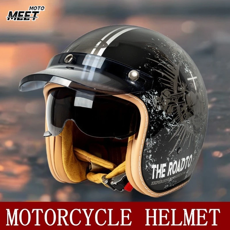 DOT Approved New Retro 3/4 Motorcycle Helmet with Built-In Windshield & Hat Brim Vintage Style Cycling Safety Gear Unisex Casco