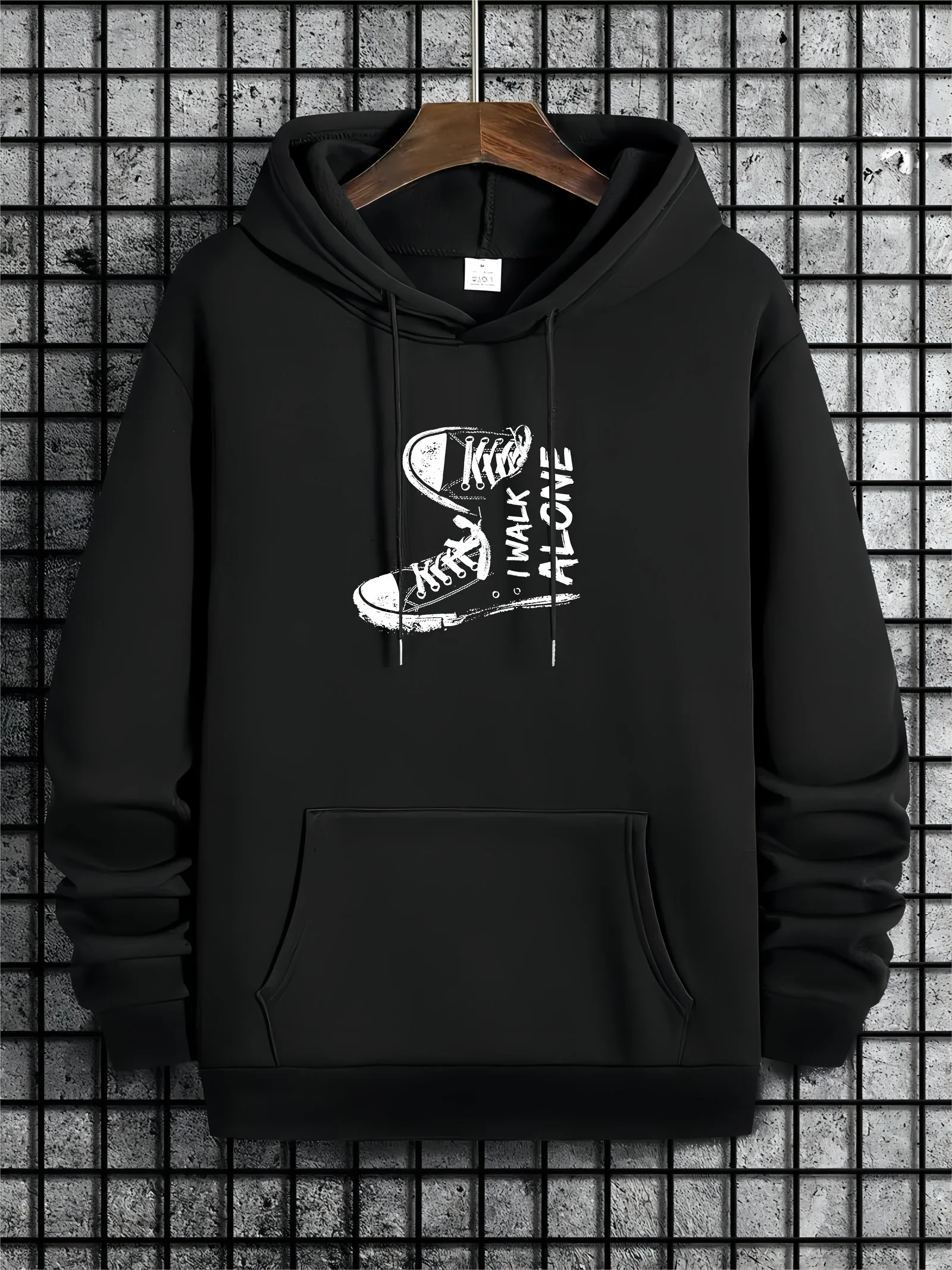 

Men's Black/White Sneaker Graphic Print Hoodie - Loose Fit Casual Pullover Sweatshirt with "Walk All Day" Slogan