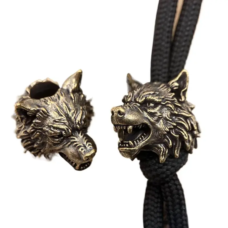 1PC Brass Wolf Head Brass Knife Beads EDC Outdoor DIY Handmade Woven Lanyard Pendants Umbrella Rope Bracelet Charms Accessories