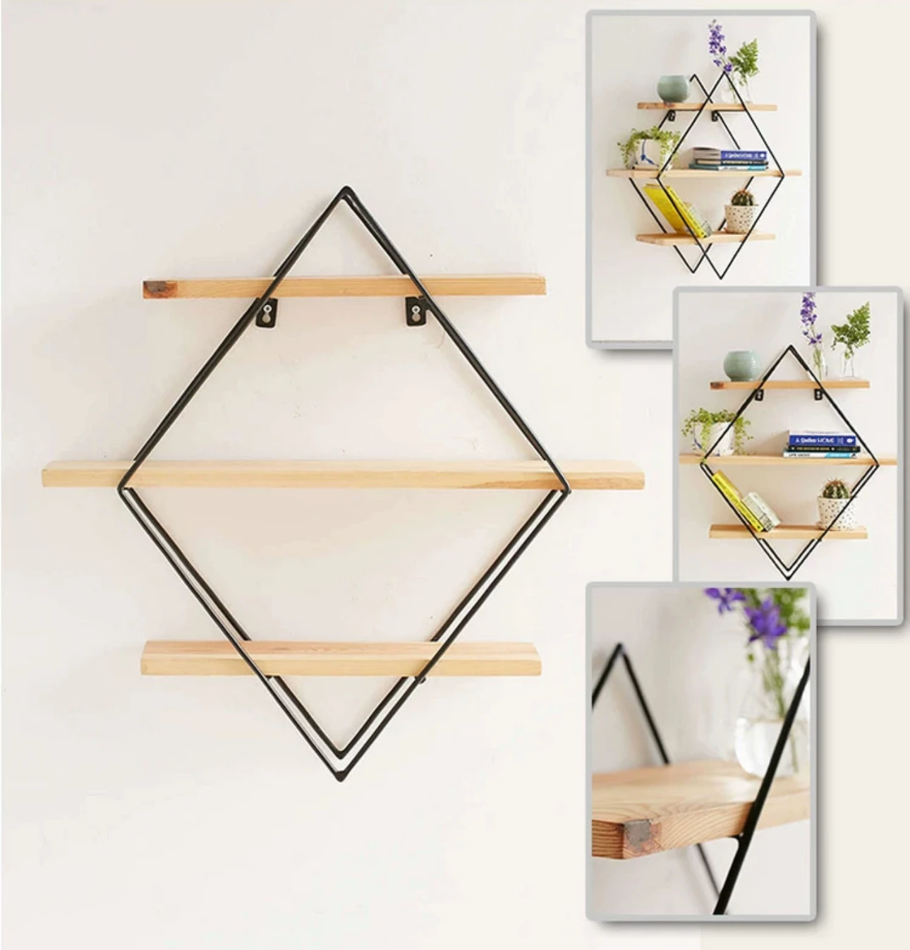 Creative diamond wall-mounted decorative shelf Nordic minimalist art background wall shelf wrought iron shelf shelf shelf