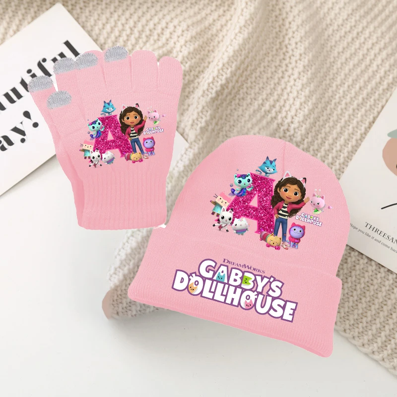 

Gabby Dollhouses Cute Knitted Hat Gloves 2pcs Set Children Winter Hats Pink Warm Cap Screen Gloved Girls Christmas Birthday Gift