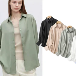 Maxdutti Multicolor England Style Simple  Blouse Women Solid Satin Shirt Office Lady Fashion Basic Tops