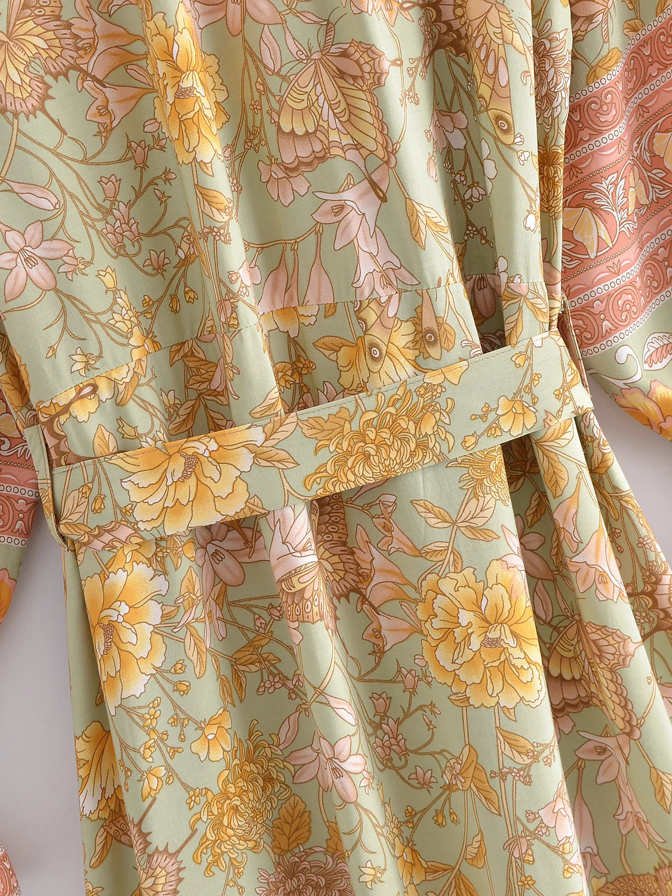 BOHO Orange Floral Print Women Long sleeve Dress Holiday Tide Bow Sashes Center Buttons Maxi Dresses Holiday Robe Vestido