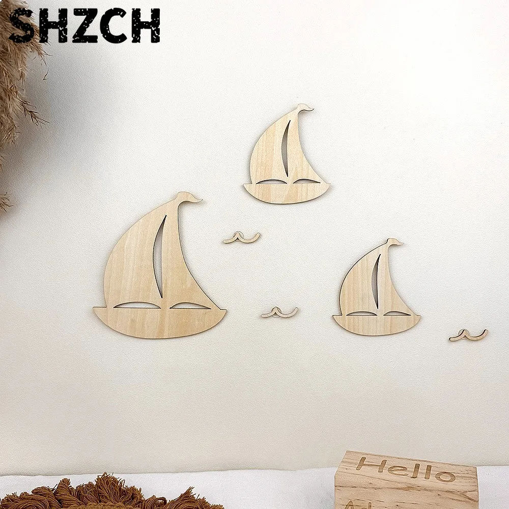 Ocean Themed Wooden Wall Stickers Creative Sailboat Decor for Kids Room