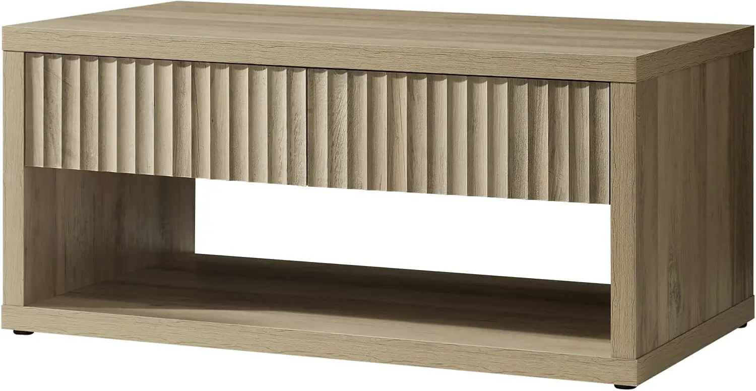 Fluted Coffee Table with 4 Storage Drawers,Modern Coffee Tables for Living Room, Home Office (Sunwashed Ash Oak)