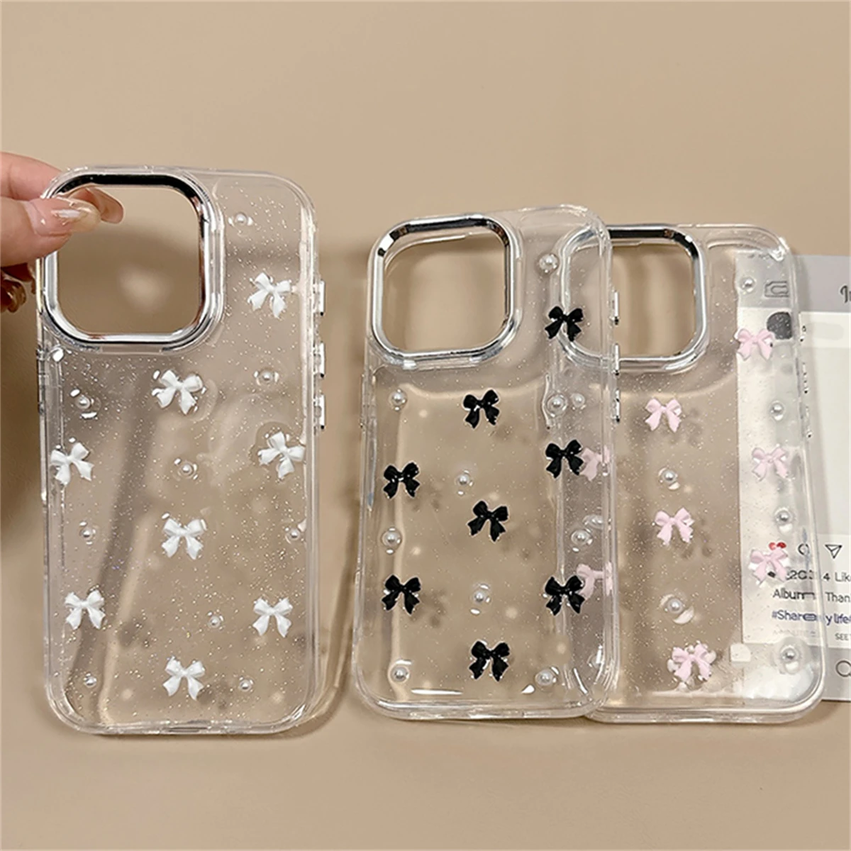 Funda de teléfono transparente con cuentas y lazo 3D para iPhone 16 15 14 13 11 12 Pro Max 16 15 14 Plus, carcasa epoxi con purpurina de lujo