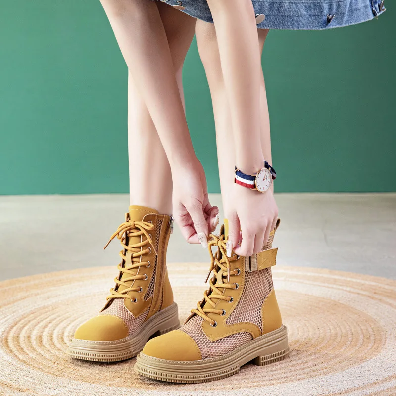 

Summer Boots Female leather mesh cool boots Chunky platform British style belt buckle Roman sandals for ladies