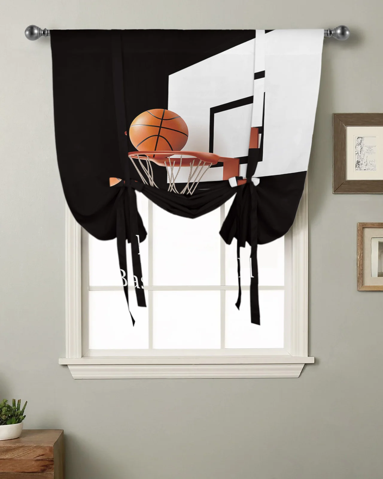 Basketball Sport Black Curtain for Living Room Kitchen Tie-up Short Curtains Adjustable Rod Pocket Drapes