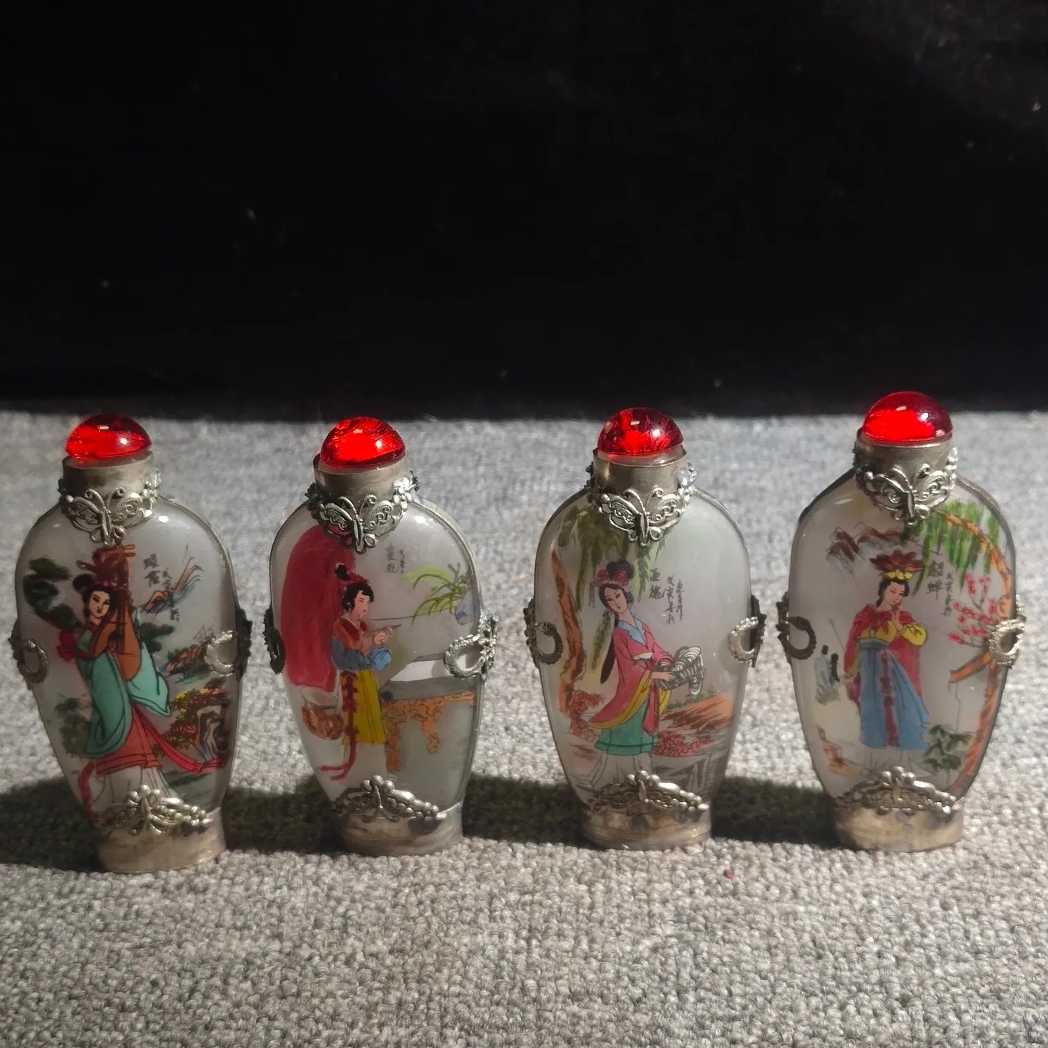 Chinese collection Zhi silver inlaid glass painting beauty small bottle decoration small ornaments