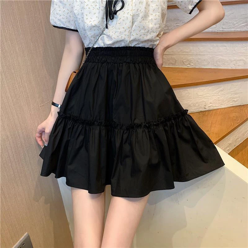 Fashion Mini Skirt A Line High Waist Sexy Cute Ruffle Vintage Tennis Skirt Black Elastic Waist Solid Women Short Skirts