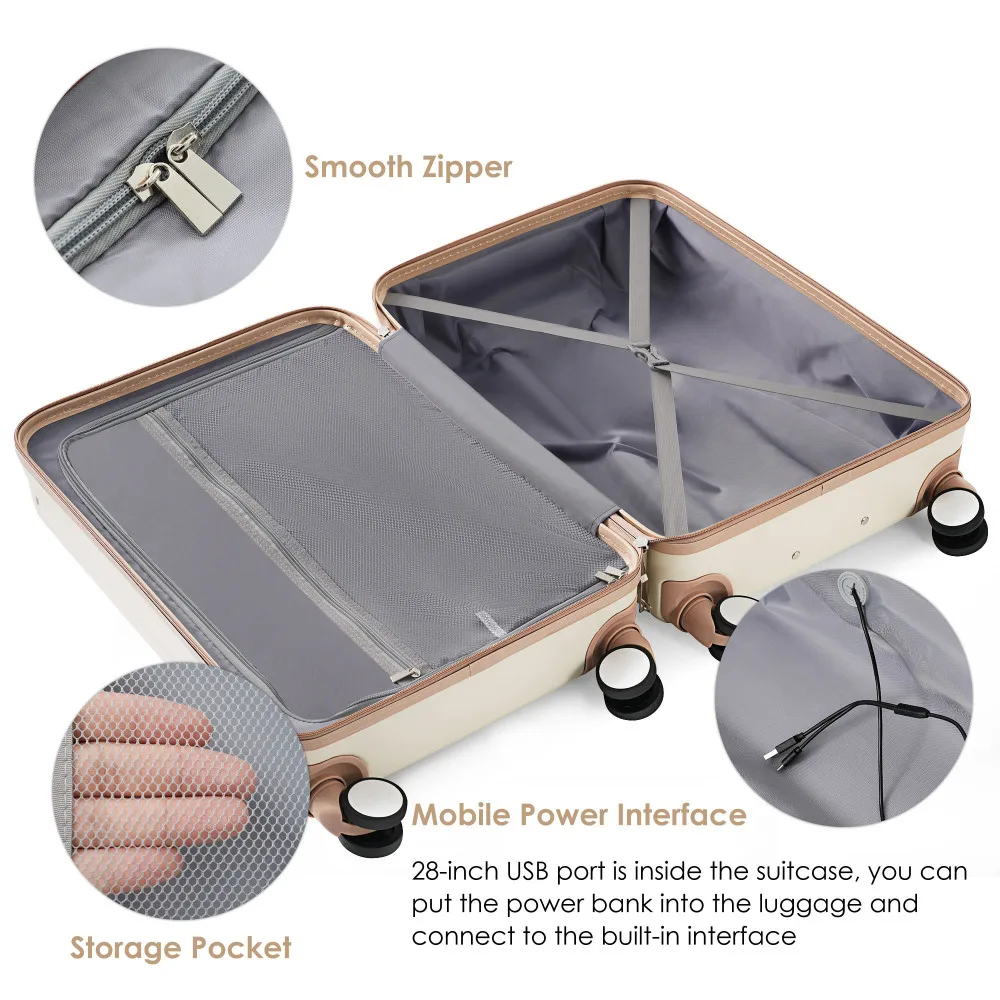 Juego de maletas de 3 20 24 28 pulgadas con puerto USB Diseño de apertura frontal de 20 24 pulgadas Equipaje de mano certificado por aerolínea con portavasos