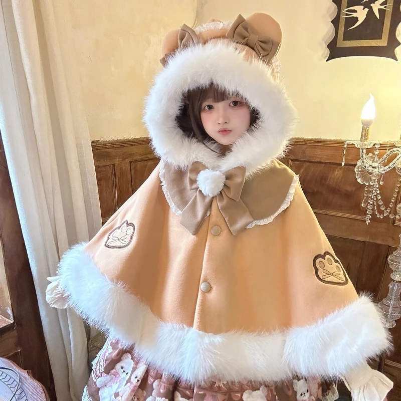 

Y2k Aesthetic Cloak Jacket Winter Women Japanese Fur Patchwork Bow Ear Hooed Coat Kawaii Sweet Lolita Jackets Oversized JK Capes