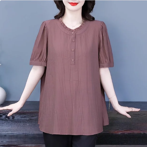 Summer New Style Women's Cotton Linen Short Sleeve T-Shirt Overhead Design Belly Covering Slimming round Neck Top for Elderly...