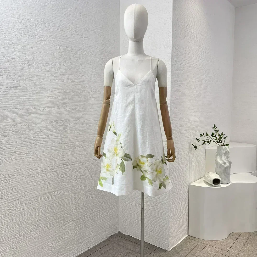 

White Linen High Quality 2024 Summer Sleeveless Floral Printing Swing Women Mini Suspender Dress