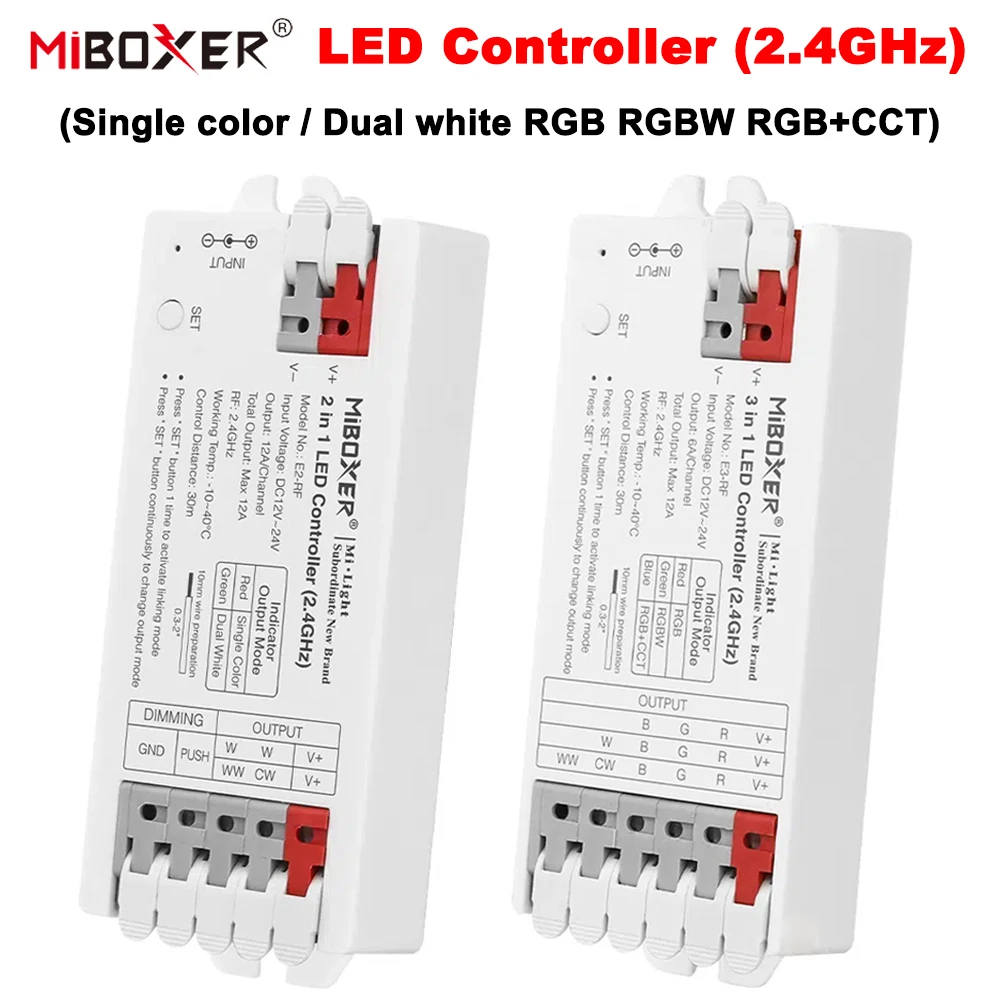 Miboxer DC12-24V E2-RF 2w1 E3-RF 3w1 2.4GHzRF Pilot zdalnego sterowania Kontroler LED Pojedynczy/dwukolorowy ściemniacz taśm LED RGB RGBW RGBCCT