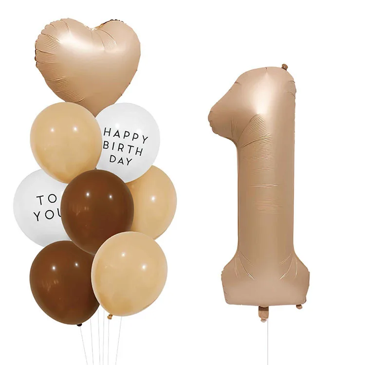 32inch Light Brown Foil Number Balloons with Retro Heart Balloons for Boys Girls Birthday Decorations and Baby Shower Supplies