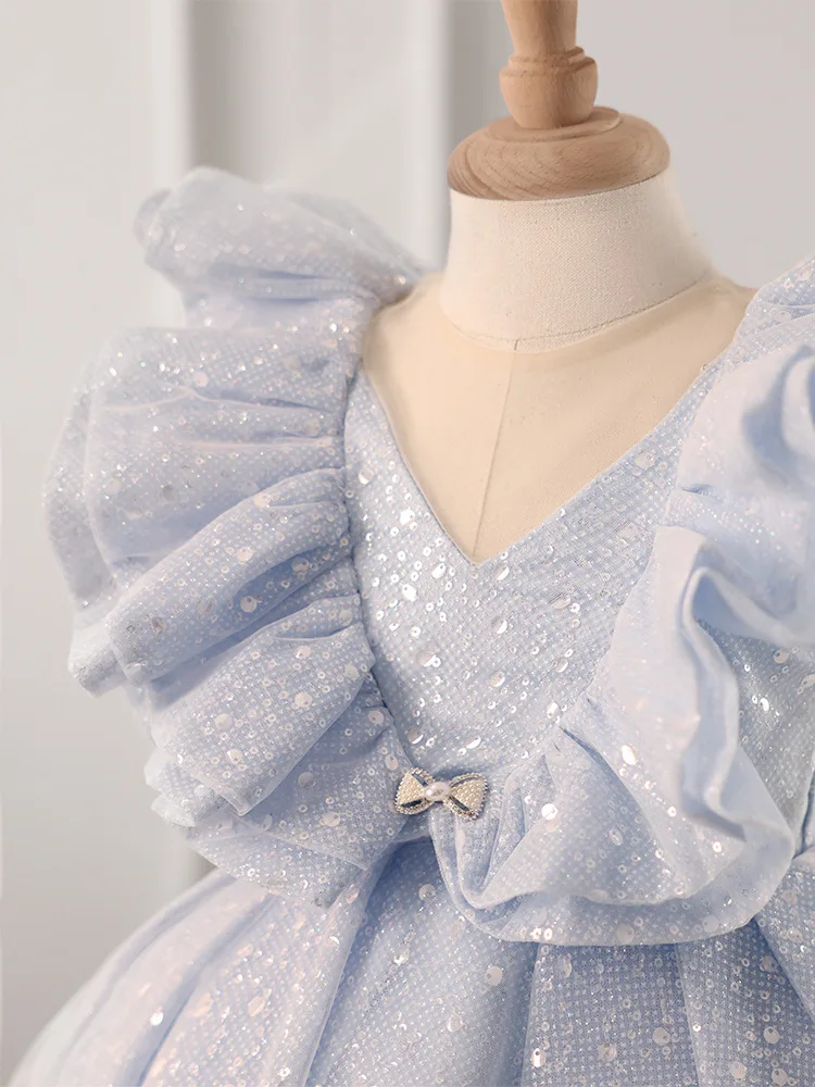 Robe princesse de luxe pour petite fille, tenue de mariage tutu avec nœud papillon, couleur bleue brillante, pour fête d\'anniversaire, 2024