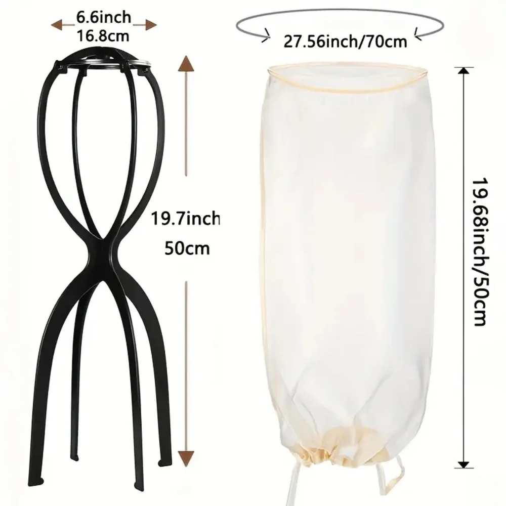 2pcs/set Wig Storage Bag wth Wig Stand, 1pc Adjustable Wig Bag with Drawstring Portable and 1pc Plastic Stand for Wigs
