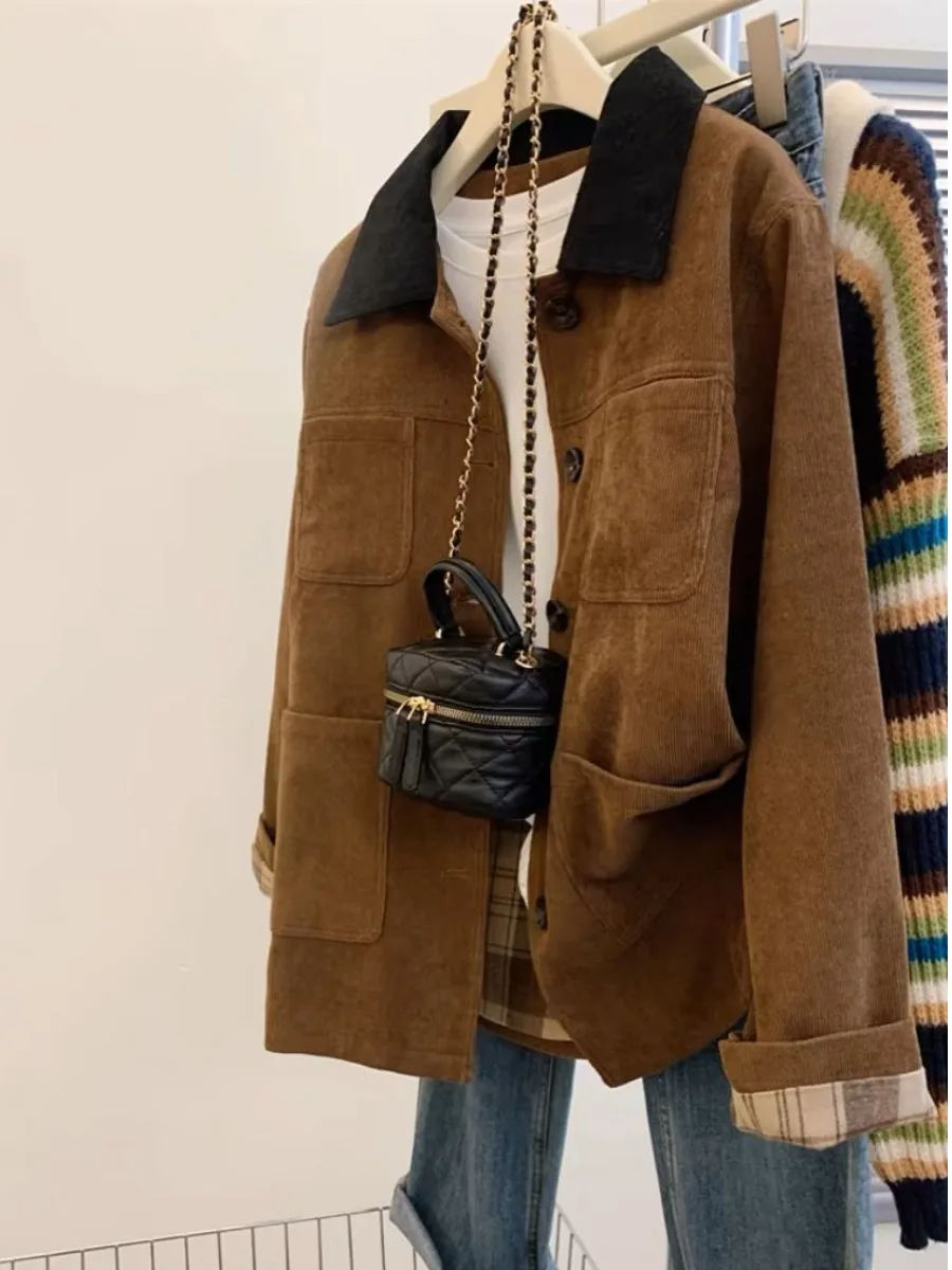 

Color Blo Collar Jaet Women's Autumn Winter plus Size Korean Workwear Corduroy Coat Long Sve Button up