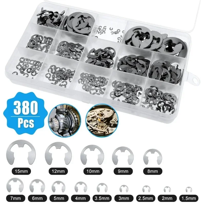 380pcs Assortment Kit 1.5-15mm 304 Stainless Steel Shaft External Retaining Ring E Clip Snap Circlip Washer for Shaft Fastener