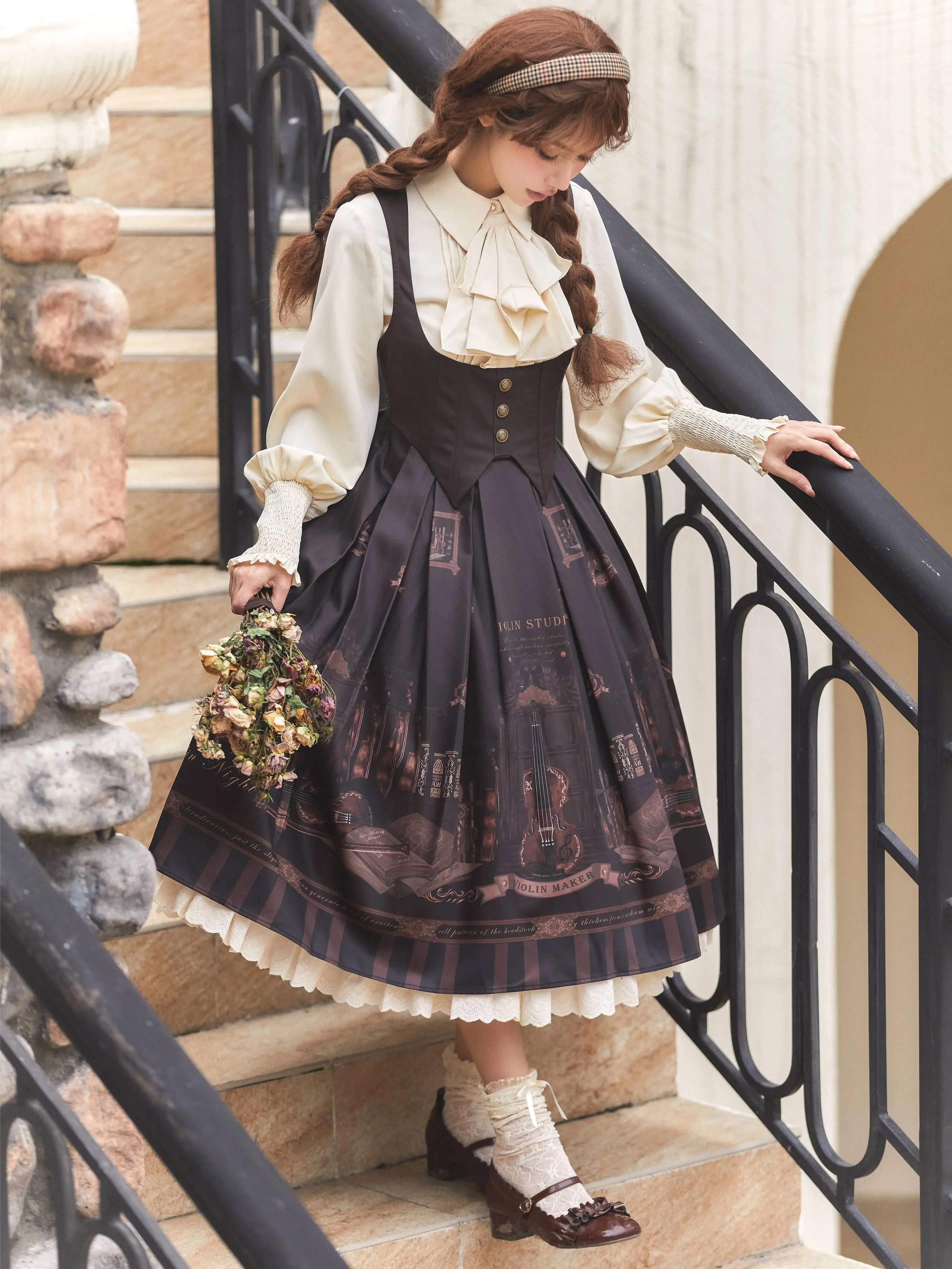 Original Vintage Lolita Dress Womens Autumn High Waist Slim-Fit Printing Long Sleeve Knee-Length Op Tea Party Princess Dress Jsk