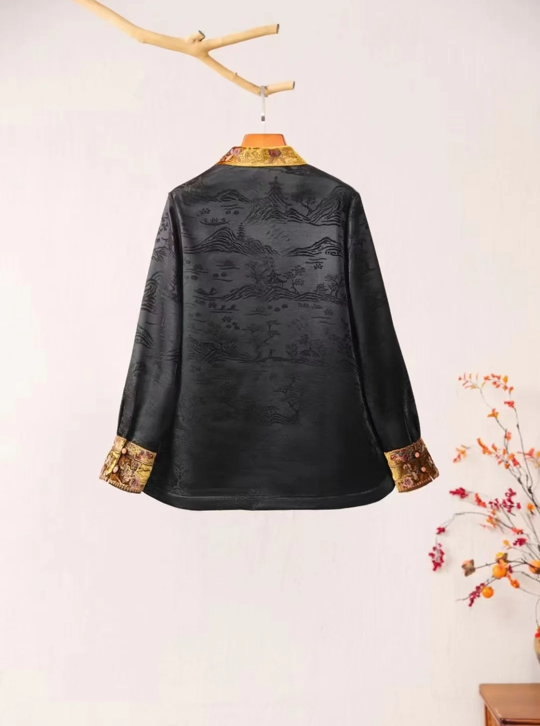 Original women's winter tops Black rayon jacquard fleece lined clothes Chinese style embroidery Vintage padded jacket