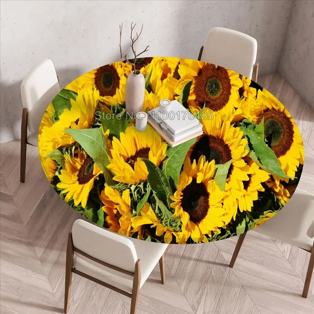 Sunflower Table Cover Table Cloth Printed Meal Round Table Cloth Waterproof Elastic Tablecloth Home Textiles