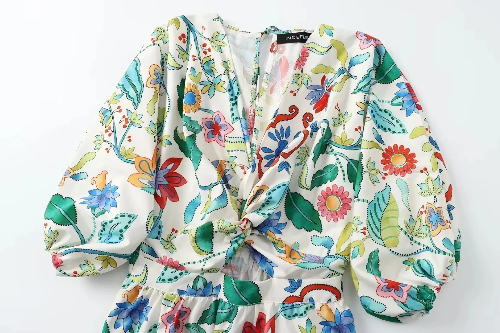 Fashion Flower Printed Knot Cut Out Long Dress Women Long Sleeves V-neck A-line Dresses 2024 Chic Female Summer Vacation Robes