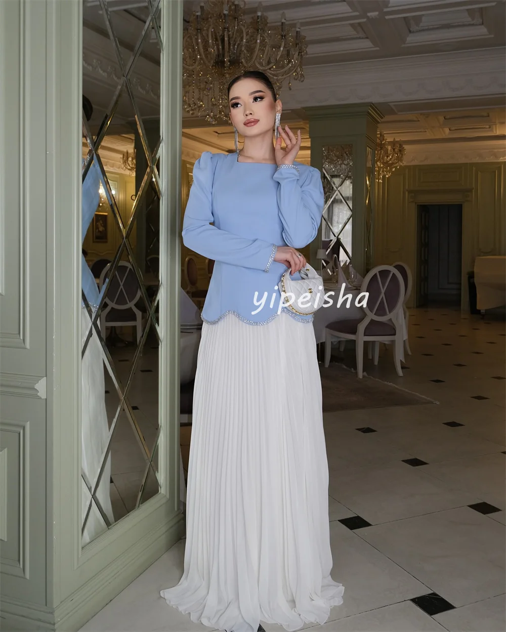 맞춤형 절묘한 클래식 저지 플리츠 라인 석 드레이프 a 라인 스퀘어 넥 롱 드레스 맞춤형 행사 드레스 패션