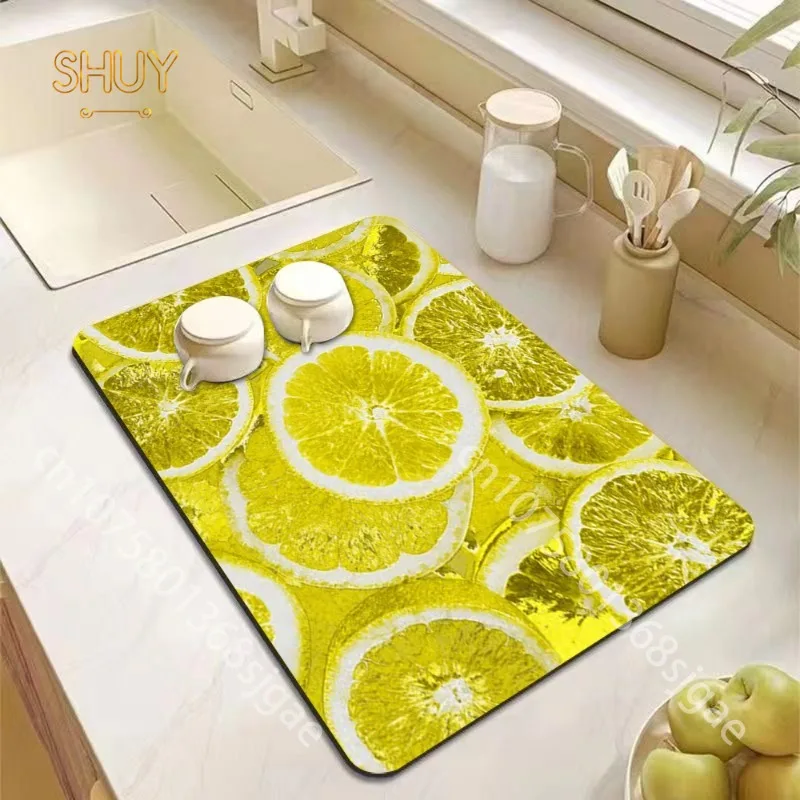 

Fruits Lemon Pattern Drain Pad Dish Drying Mat Soft Silicone Easy To Clean Water Absorbent Bathroom Rug Kitchen Home Accessories