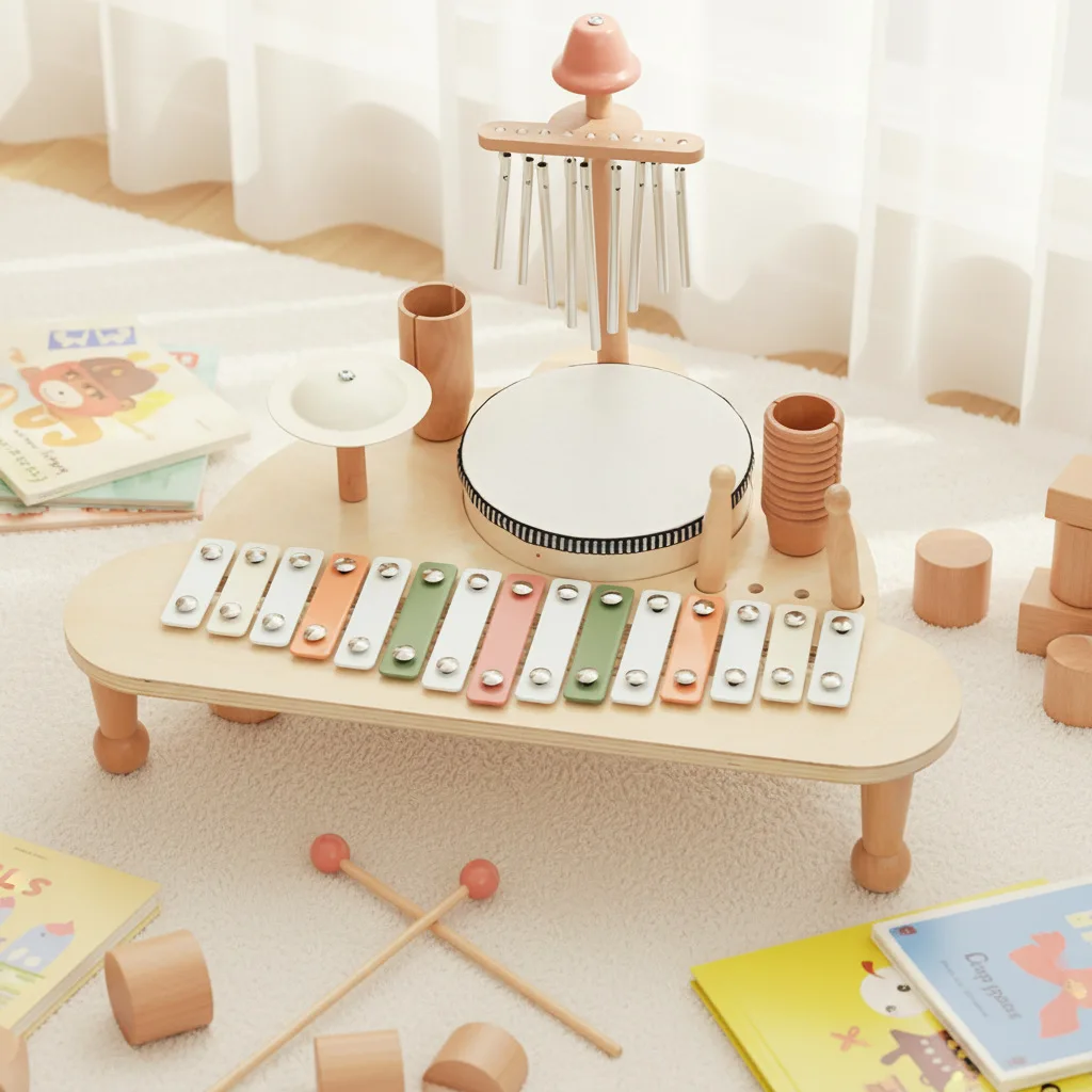 Children's Wooden Montessori  Percussion Instrument Multifunctional Bandstand Drum Set Playing Piano Baby Educational Toys