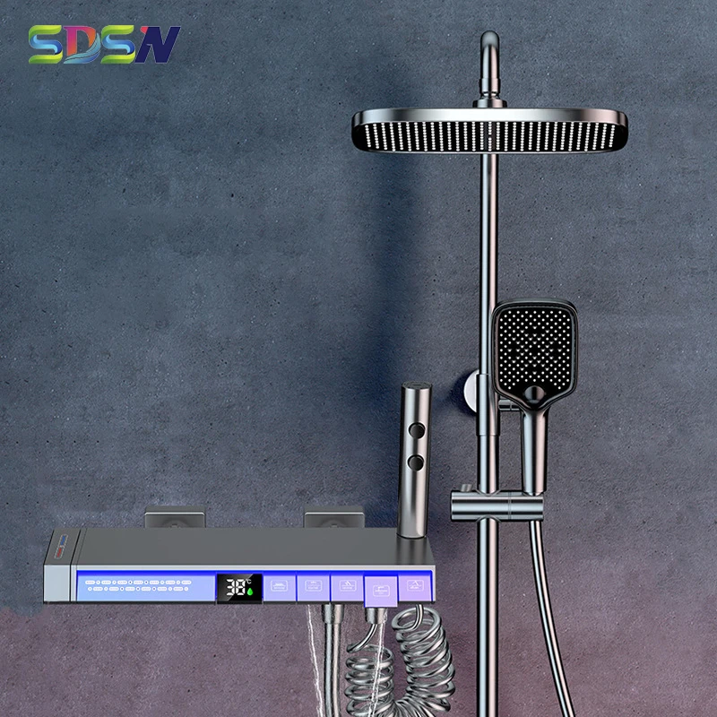 

Grey Piano Digital Bathroom Shower Set Ambient Lighting Thermostatic Shower Faucet Rain Shower Head Digital Bath Shower Set