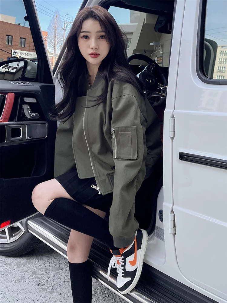 เสื้อแจ็คเก็ตเบสบอลผู้หญิงทรงหลวม สไตล์เกาหลี ผ้าฝ้ายให้ความอบอุ่น ซับในยาว ซิปปิด สี