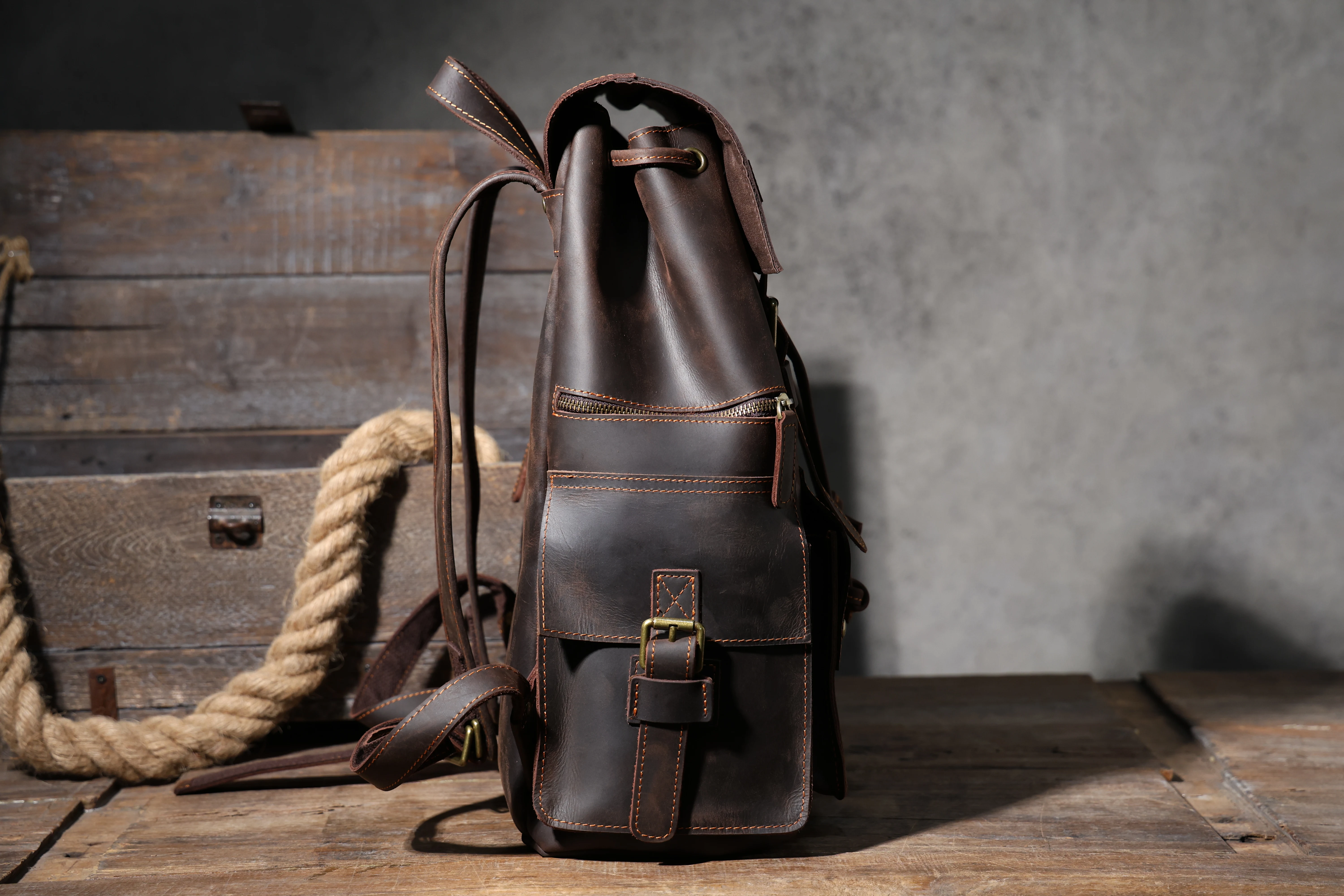 S.WORKER Vintage Echtleder Herrenrucksack Laptop-Tasche Casual Crazy-Horse Leder Schultasche Outdoor Reise-Weekender-Tasche – Detail 21
