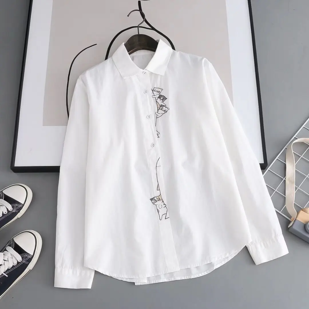 New Spring Cotton Embroidery Shirt Women Lapel Loose Top Girl Long Sleeve Funny Cute Age Reduction Blouses 2024 Autumn T43154QC