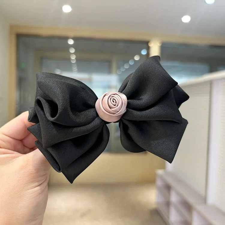 

Korean Elegance Satin Bow Hair Clip with Sparkling Rhinestone Spring Clasp Chic Ladies' Hair Accessory