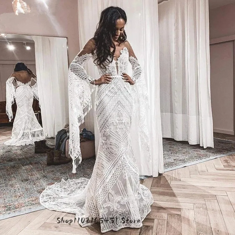 Crochet Lace Wedding Dresses Hippie Style See Through Flare Long Sleeves Country Bridal Gowns Vestido De Noivas Customized