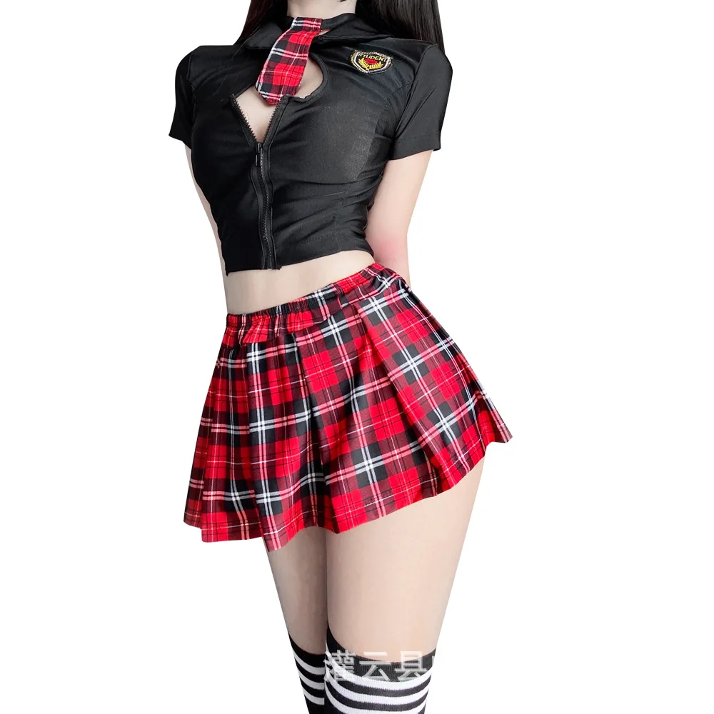 Sexy JK Cosplay Tartan Japanese Schoolgirl Porn Uniform Lingerie Set Embroidery Pleated Role Playing Costume With Plaid Skirt