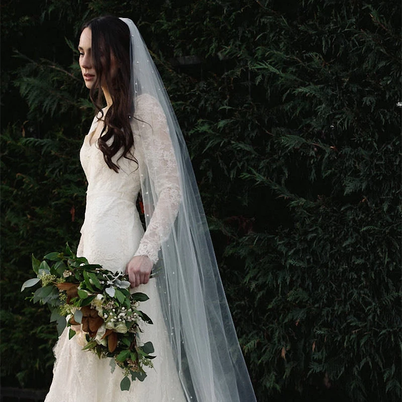 Luxurious Bridal Veil Long With Comb Cathedral Veil With Beads Pearls Velos de Noiva Wedding White Ivory Champagne Veil 3Meters