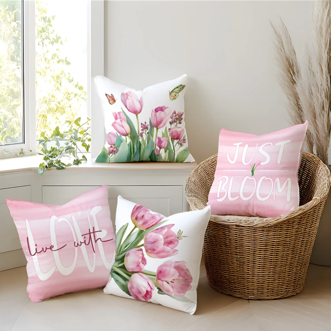 4 Stück rosa Tulpen-Kissenbezüge, 40 x 40 cm, doppelseitig bedruckt, mit Blumenmuster, Schmetterlings-Kissenbezüge, Frühlings-Heimdekoration, ohne Einlage