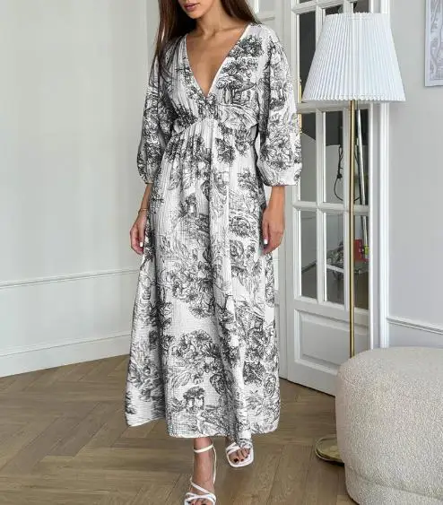 

Autumn Fashion Temperament V-Neck Lantern Sleeve Printed Lace Up Dress Cotton Linen Women's Long Skirt