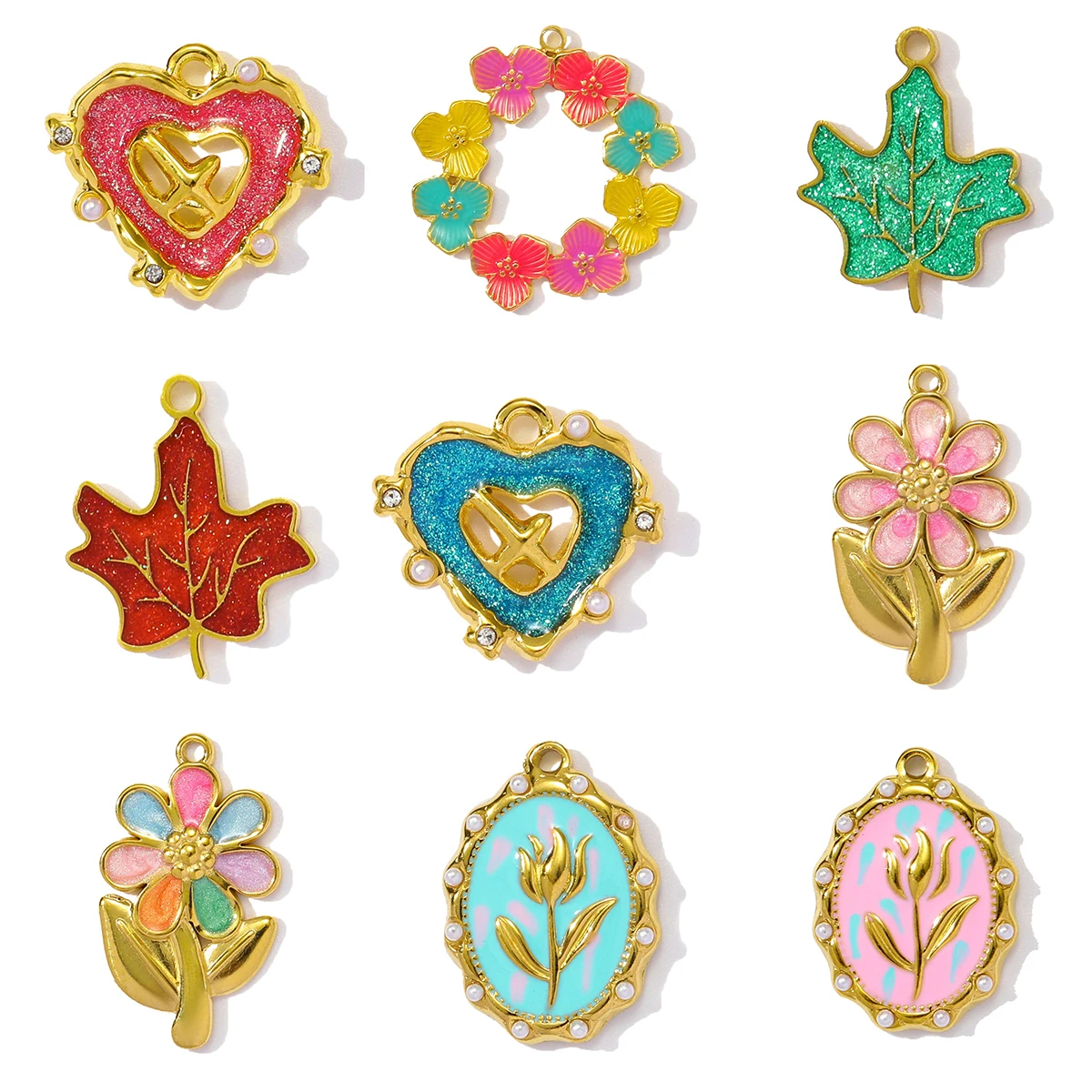 3Pcs/Lot Stainless Steel Heart Flower Charm Enamel Pendants For DIY Making Earrings Necklace Earring Accessories Wholesale