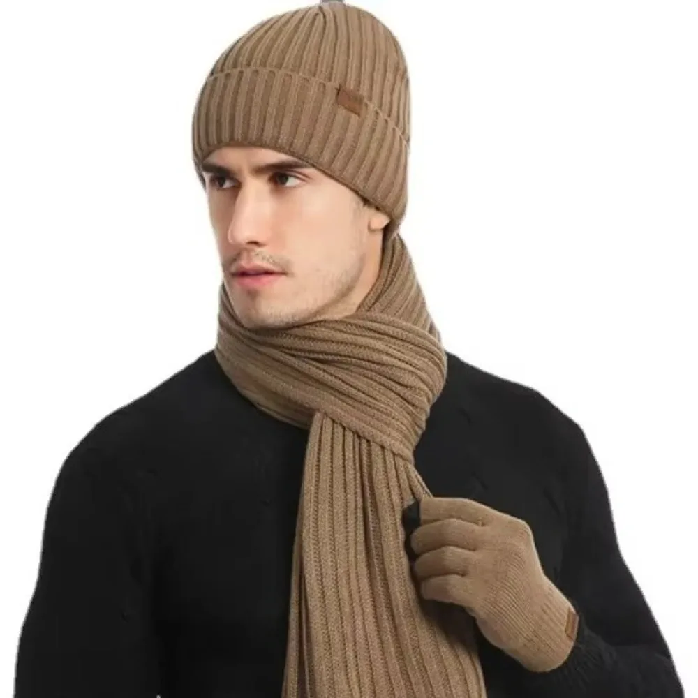 Soft Winter Keep Warm Set Knitted Thicken Beanie Gloves Scarf Solid Color Fleece Lining Unisex Hat Neckerchief for Men Women