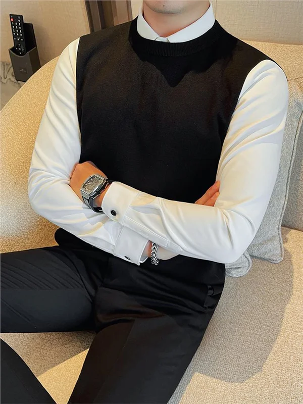 

Men's Long Sve Knitted Sweater Two-Piece Set Fce Lined Casual Thi Faion Busin Casual Slim Fit Knit Base irt