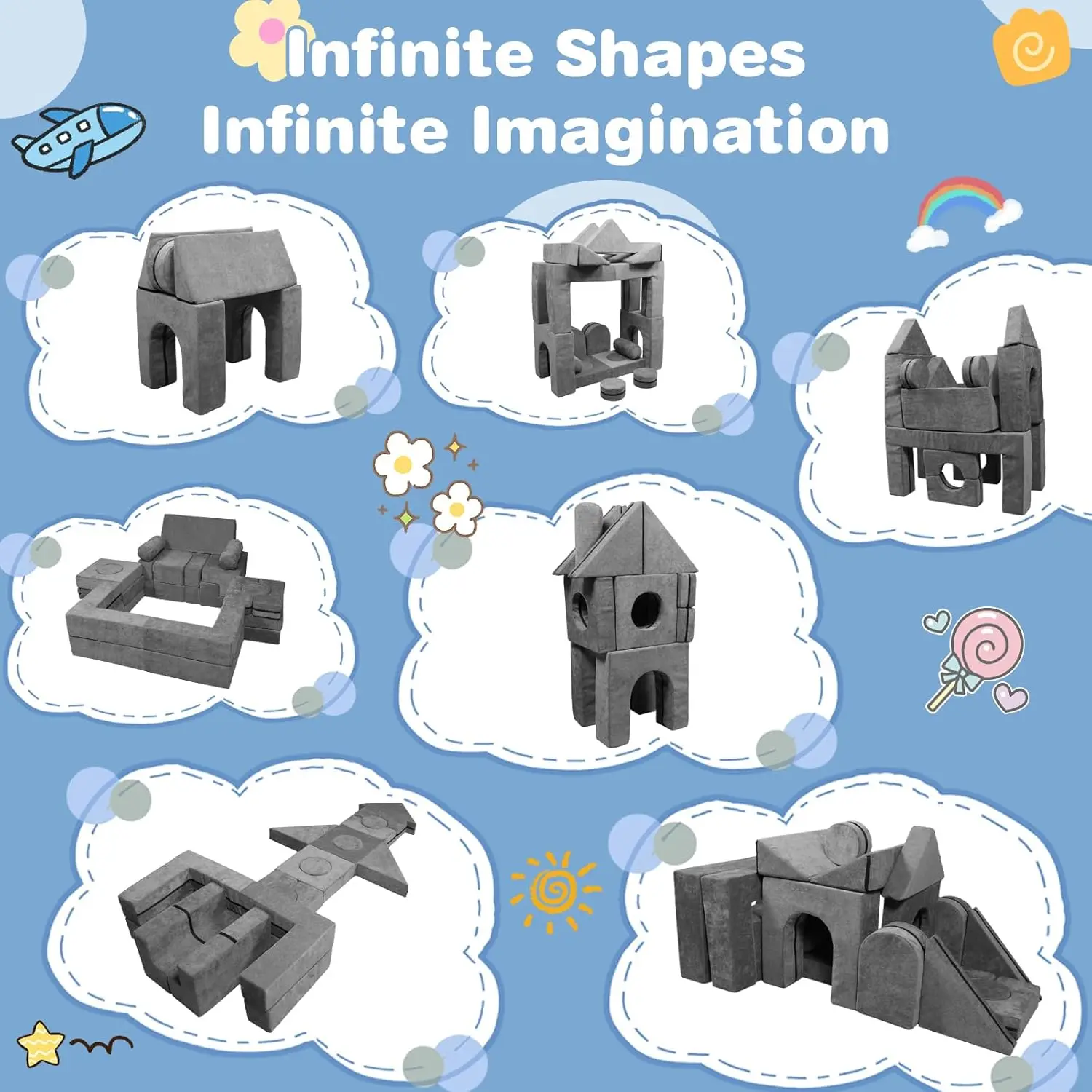 Conjunto de sofá infantil modular com 28 blocos de espuma para construção DIY, dobras e jogo de sofá em cinza escuro