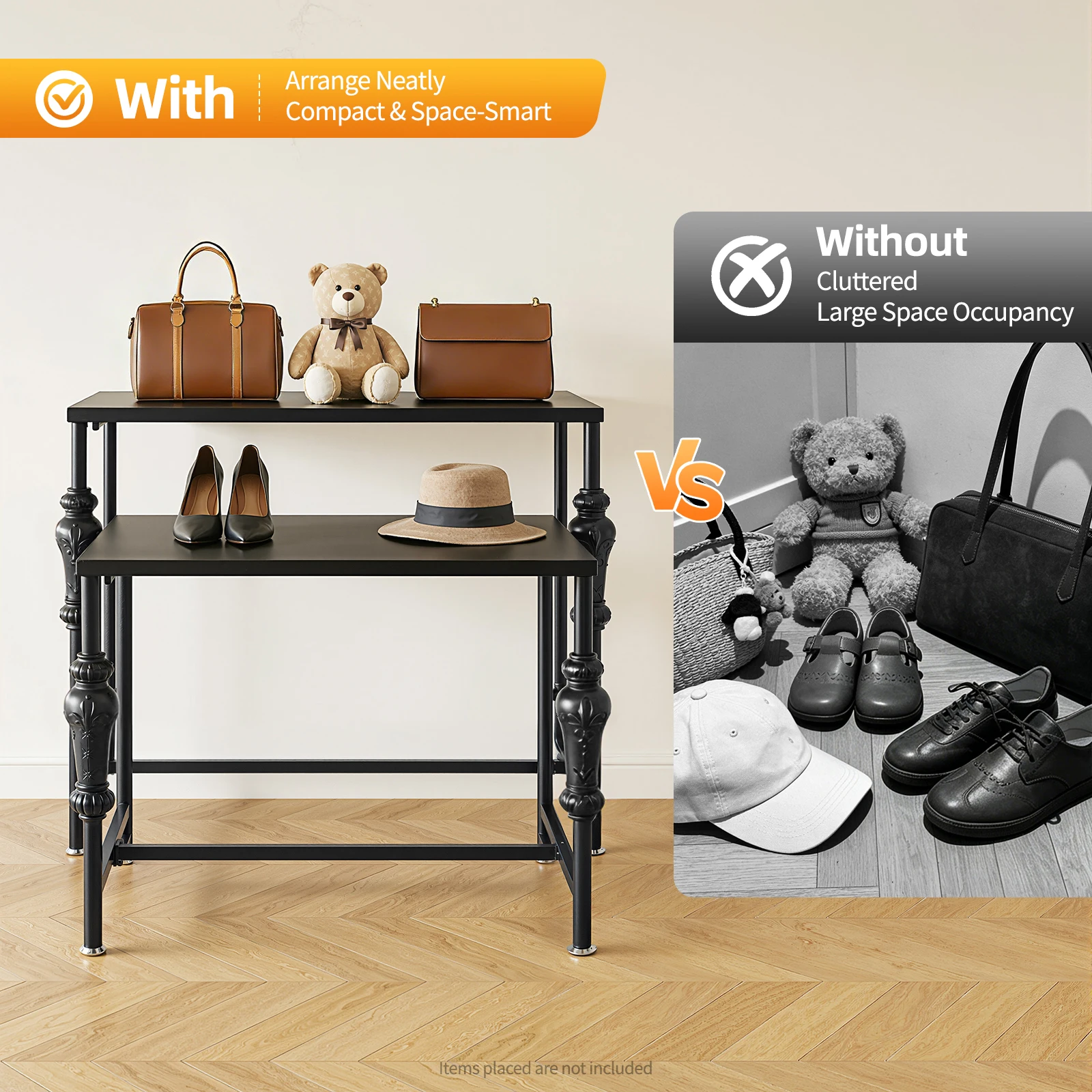 Industrial Retail Display Table 2‑Pack, Floor Standing Clothing Shoe Bag Display Rack, Modern Carbon Steel Storage Shelf For Boutique Store Home Bedroom