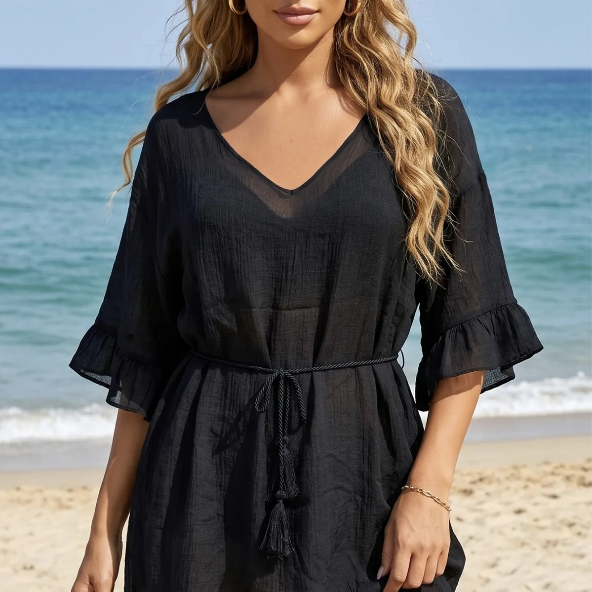 Beach lady dress cross-border European and American women's clothing sexy backless deep V lotus leaf edge beach dress loose