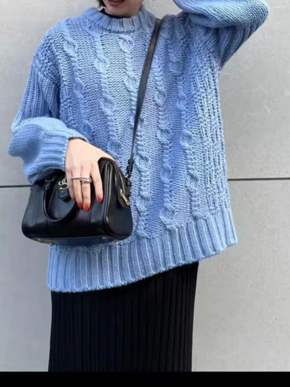 

Faionable Women's Knitted Sweater Wool Blend Street Sle Loose Twist Long Medium Length round Ne Pullover Autumn Winter