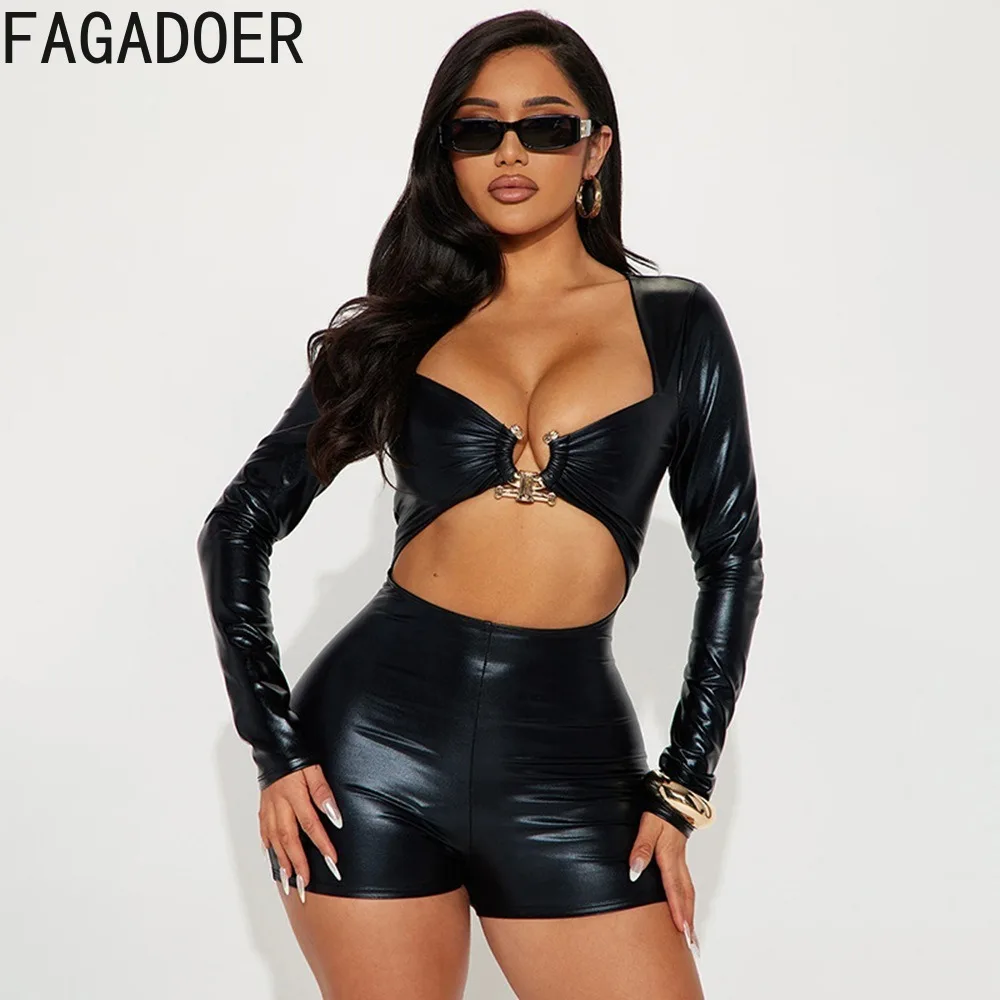 FAGADOER Mode Leder Bodycon Strampler für Frau Einfarbig Hohl-out Lange Ärmel Strampler Weibliche Streetwear Overalls 2025